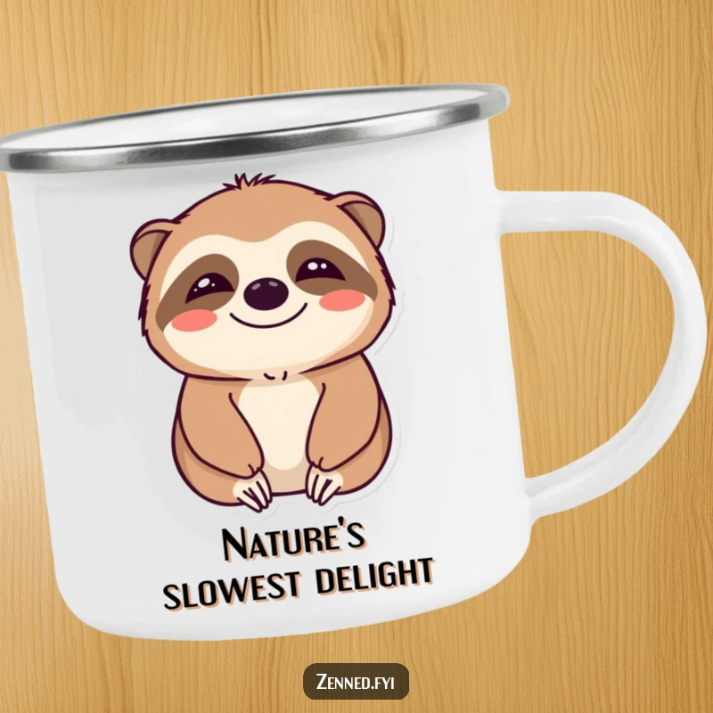 Funny camping mug with a smiling sloth character in a state of calm, embodying outdoor relaxation and peaceful vibes.