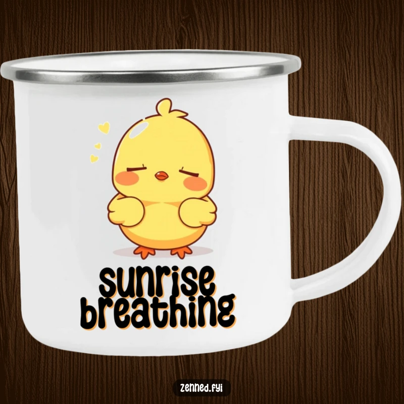 Funny enamel camping mug with a yellow chick breathing deeply, durable and humorous, ideal funny gift.