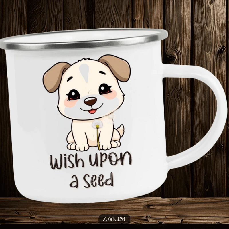 Funny Camping Mug: A smiling dog blowing on a dandelion puff, perfect for enjoying drinks outdoors with hopeful charm.