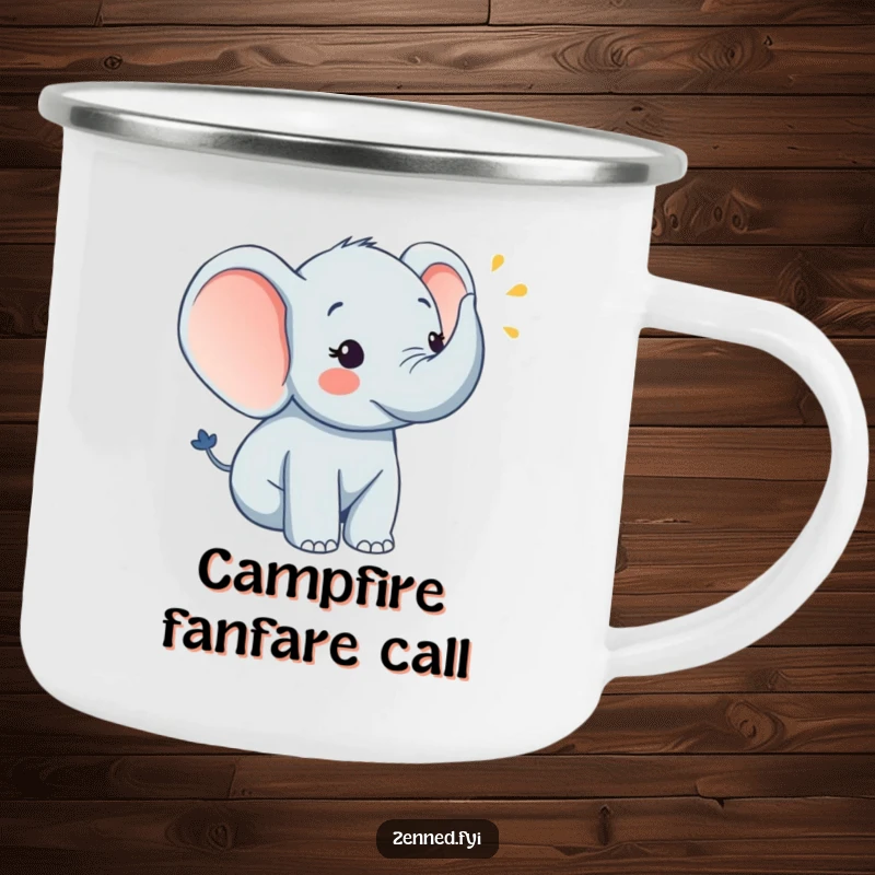 Funny elephant playing a horn on a sturdy camping mug, perfect for outdoor funny gifts.