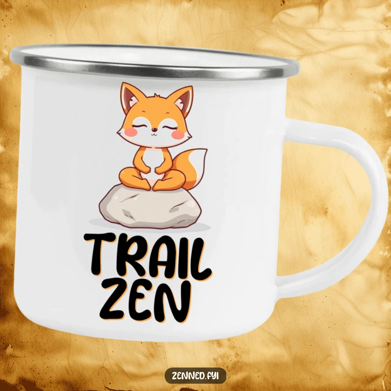 Funny Fox Camping Mug: A cheerful fox meditates on a stone, ready for outdoor relaxation and peaceful reflection.