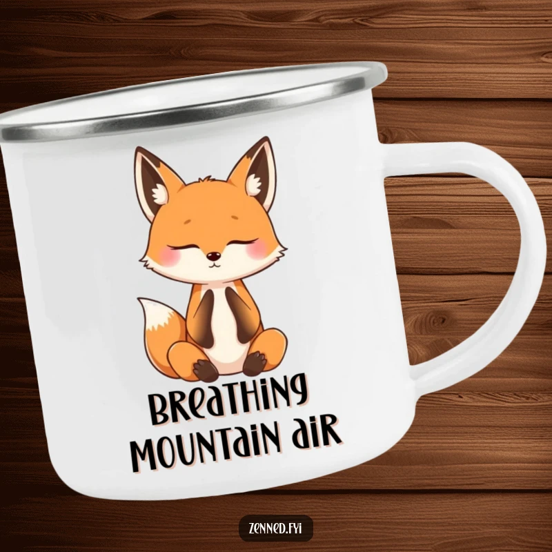 Funny camping mug with a curious fox practicing mindful breathing with eyes shut, perfect for outdoor enthusiasts who appreciate calm and humor.