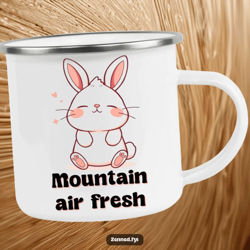 Funny camping mug featuring a cute kawaii bunny breathing deeply with a tranquil expression, perfect for enjoying beverages outdoors.
