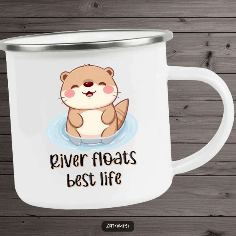 Funny Kawaii otter camping mug featuring a happy character floating peacefully, perfect for outdoor use and a humorous gift.