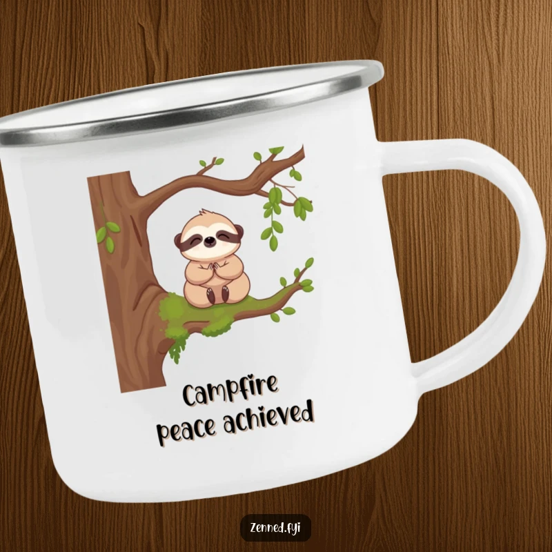 Funny camping mug featuring a cute kawaii sloth meditating on a mossy branch, perfect for enjoying beverages outdoors.