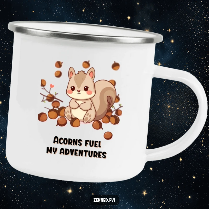 Funny Kawaii Squirrel Camping Mug: A sturdy mug featuring a playful squirrel surrounded by acorns, ready for outdoor enjoyment and cheerful sips.