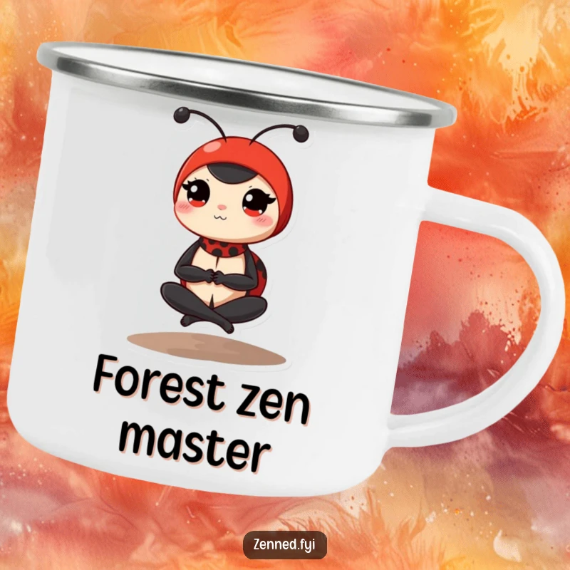 Funny ladybug camping mug with a determined red ladybug in a peaceful, cross-legged yoga pose, perfect for serene outdoor enjoyment and humor.