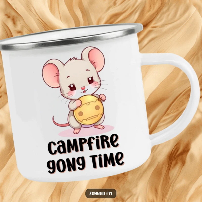 Funny camping mug featuring a playful mouse tapping a gong, perfect for outdoor enjoyment and humorous sips.