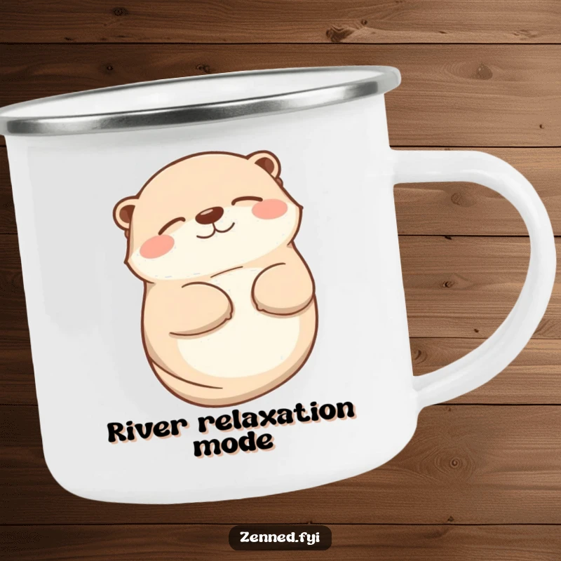 Funny otter camping mug featuring a contented animal lying on its back with a peaceful smile, perfect for outdoor fun.