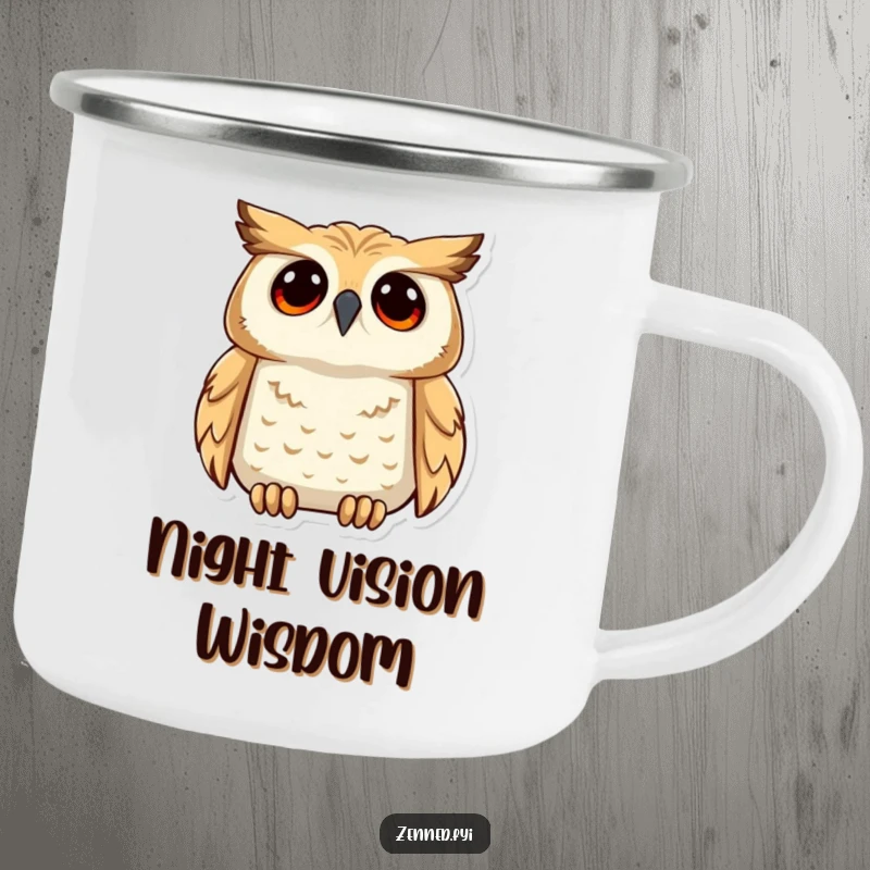 Funny and sturdy camping mug with a calm owl gazing upwards with deep understanding, ideal for outdoor thinkers who love humor.