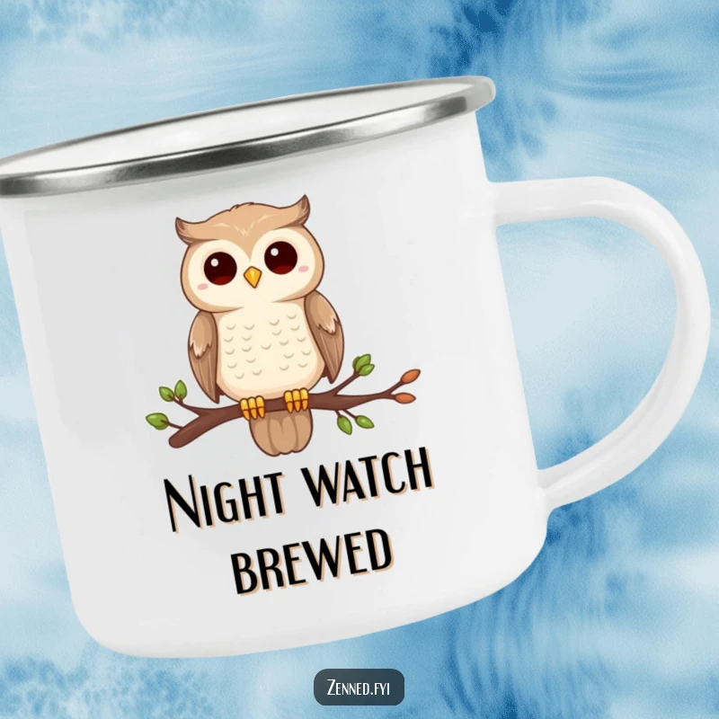 Funny owl zen camping mug, perched on a branch, completely still and centered, durable and humorous for outdoors.