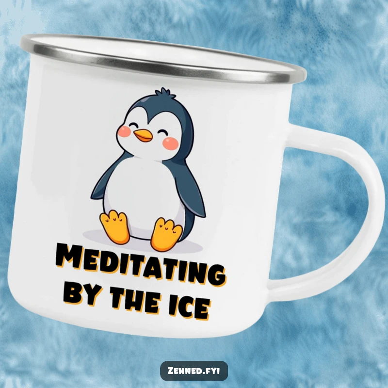 Funny camping mug with a proud penguin in a perfectly balanced meditative posture, perfect for outdoor enthusiasts who appreciate calm and humor.