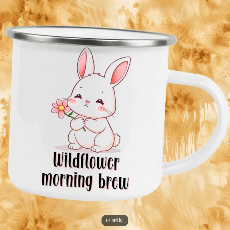 Funny rabbit flower camping mug with a serene rabbit holding a tiny blooming flower, perfect for outdoor drinks.