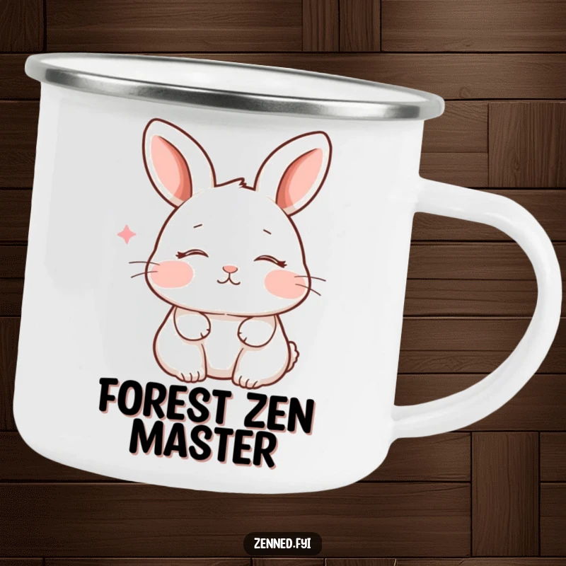 Funny and sturdy camping mug with a peaceful rabbit breathing gently, mouth closed eyes, ideal for outdoor enthusiasts who love zen humor.