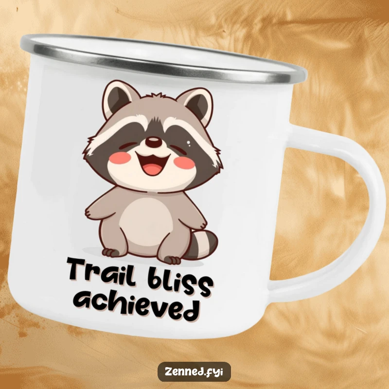 Funny Camping Mug with a delighted raccoon radiating calm and contented energy with a peaceful smile.