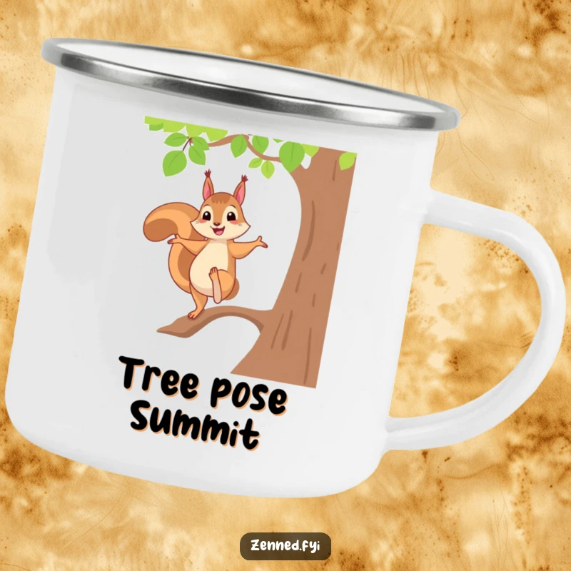 Funny and sturdy camping mug with a cheerful squirrel mastering a tree pose, perfect for outdoor enthusiasts seeking balance and humor.