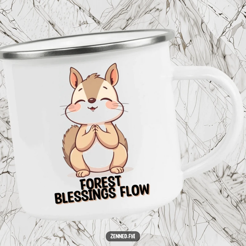 Funny Camping Mug: A peaceful squirrel with hands clasped in prayer, looking up, ideal for outdoor zen and humor.
