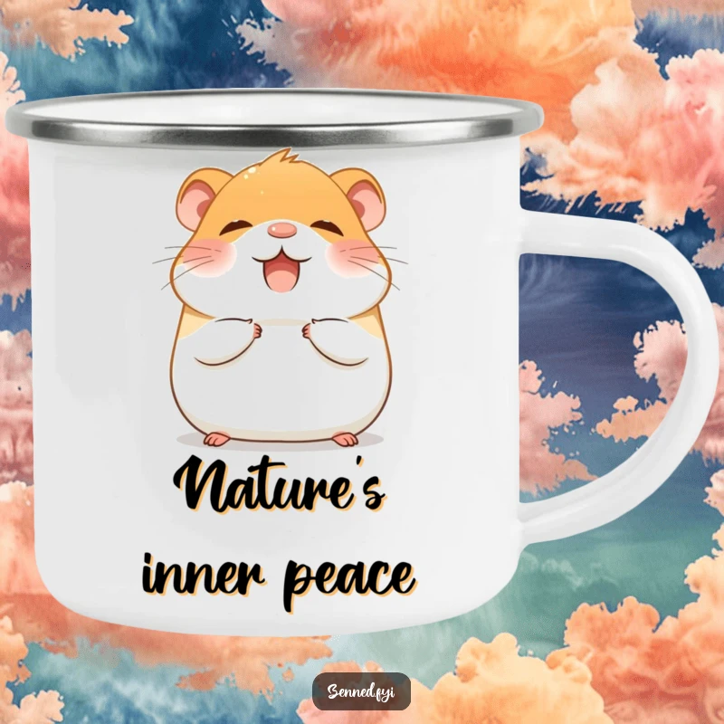Funny Camping Mug with a giggling hamster meditating peacefully, radiating tranquil and happy vibes.