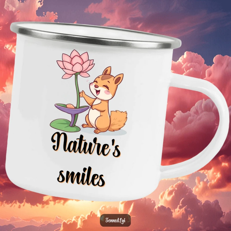 Funny giggling squirrel reaching for a lotus flower, depicted on a sturdy camping mug, full of joy, funny gift.