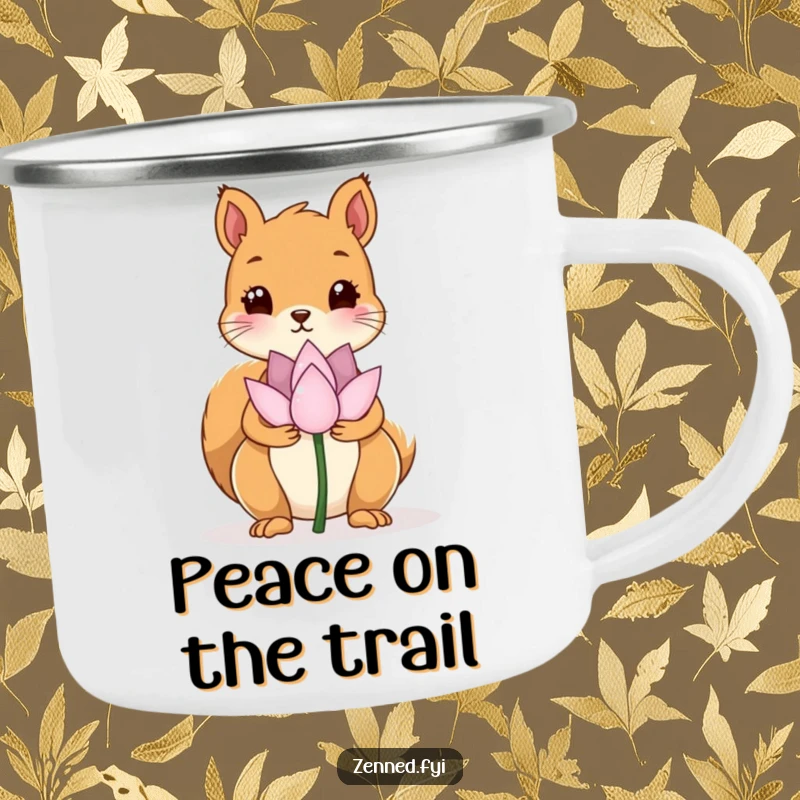 Funny camping mug with a kawaii squirrel holding a lotus flower, offering peacefulness and humor for outdoor enjoyment.