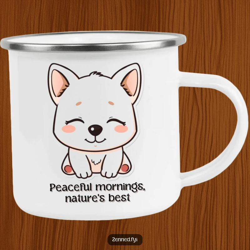 Funny Kawaii Dog Camping Mug showcasing a serene, smiling character, perfect for enjoying beverages outdoors.