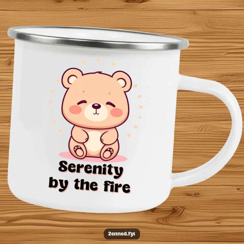 Funny camping mug with a kawaii bear radiating a calm aura, offering peacefulness and humor for outdoor enjoyment.