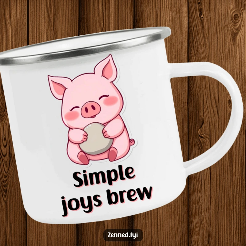 Funny pink pig camping mug, calm and happy, cradling a pebble, durable for outdoors, a peaceful funny gift.