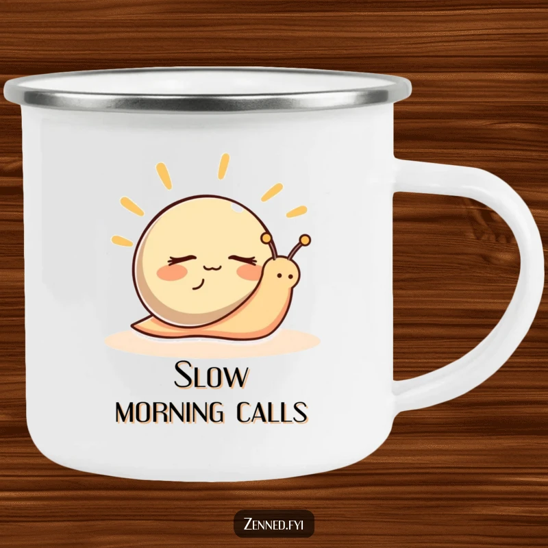 Funny Camping Mug featuring a peaceful snail character with eyes closed, radiating hilarious calm for outdoor enjoyment.