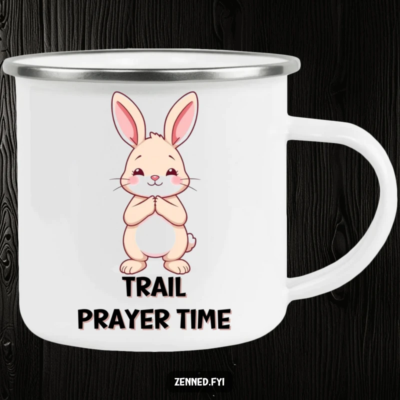 Funny rabbit camping mug featuring a calm animal with hands pressed together, perfect for peaceful outdoor enjoyment.