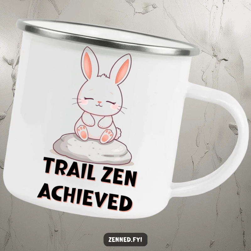 Funny enamel camping mug with a white rabbit meditating on a stone, durable and humorous, ideal funny gift.