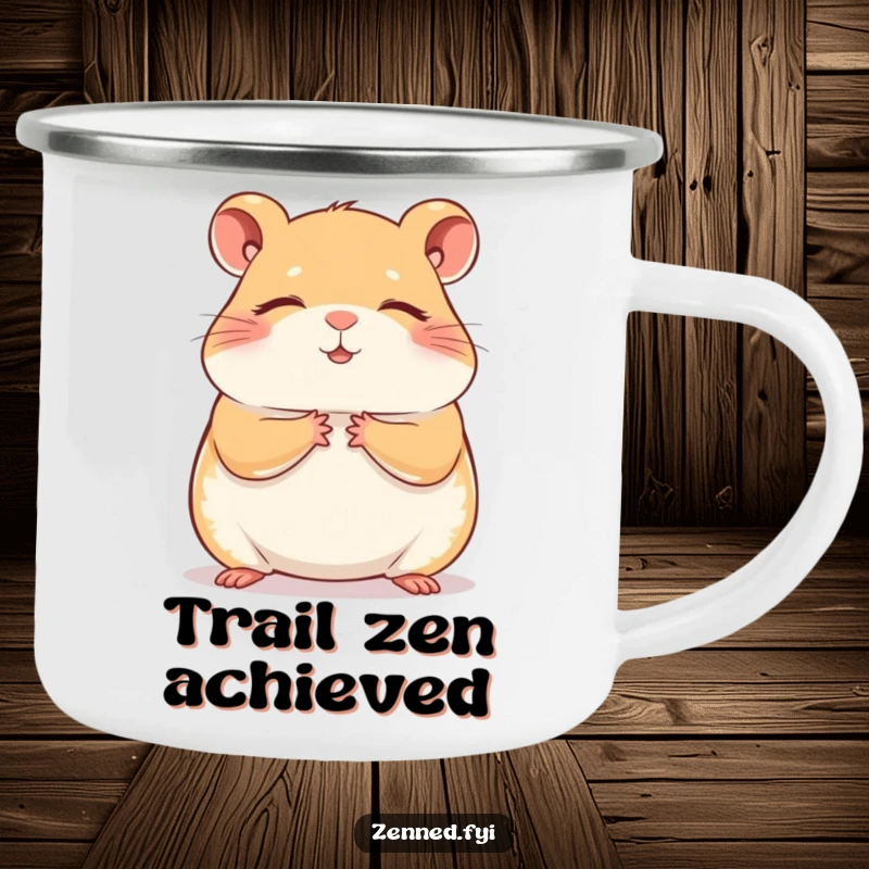 Funny contented hamster zen camping mug, perfect for enjoying drinks outdoors with a touch of humorous mindfulness and peace.