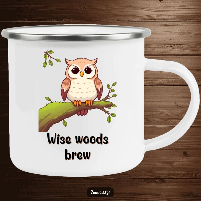 Funny peaceful owl camping mug featuring a serene owl on a mossy branch, perfect for hot drinks during outdoor adventures with humor.