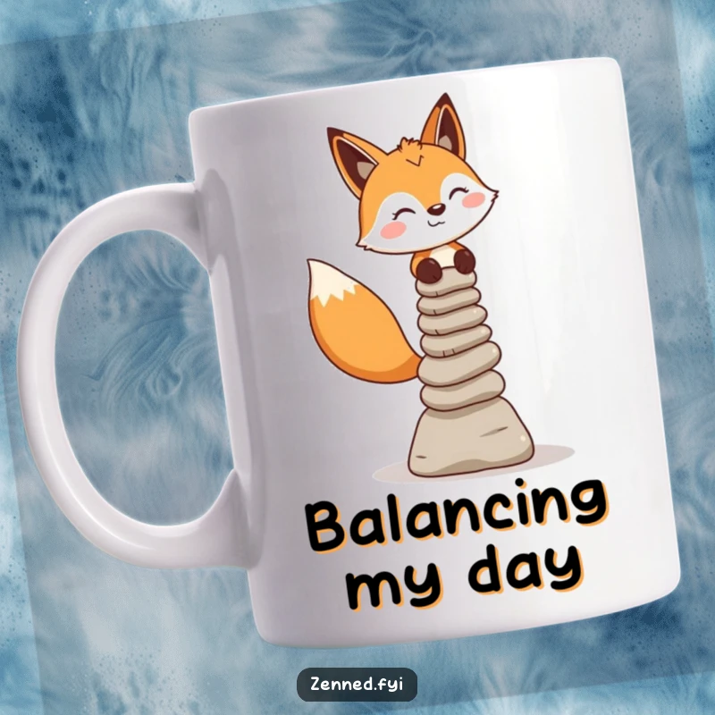 Funny, cheerful fox character balancing stone cairns with practiced ease on a mindful mug, symbolizing focus.