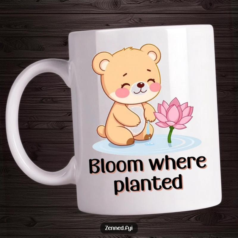 Funny Bear Cub Mug: Giggling cub character gently watering a tiny blooming lotus flower, symbolizing care and joy.