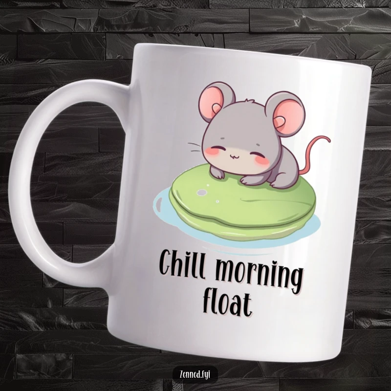 Funny grey mouse mug, smiling gently, floating on a lily pad, serene and relaxed, a perfect funny gift.
