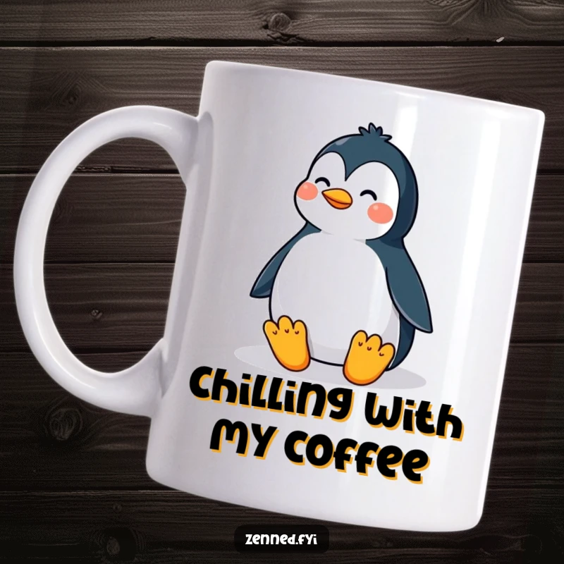 Funny mug with a proud penguin in a perfectly balanced meditative posture, radiating calm and serene energy.