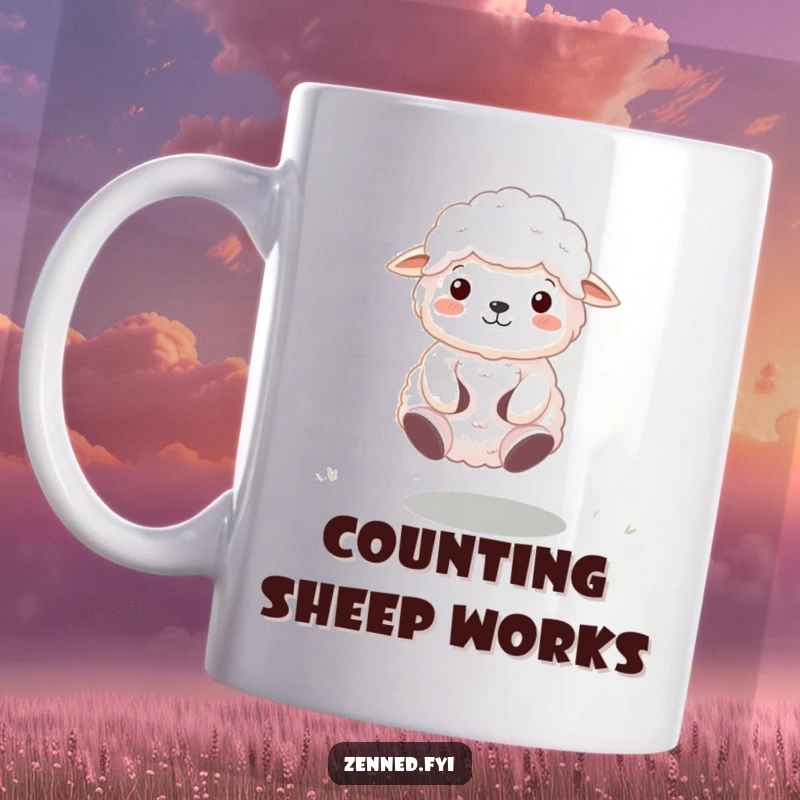 Funny Zen Sheep Mug featuring a fluffy sheep meditating and floating peacefully above the ground, radiating serenity and joy.