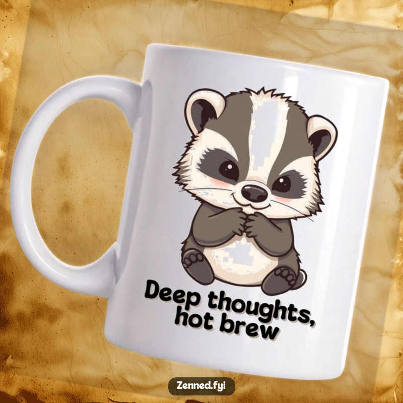 Funny mug showcasing a wise badger character deeply contemplating, stroking its chin thoughtfully, perfect for a moment of reflection.