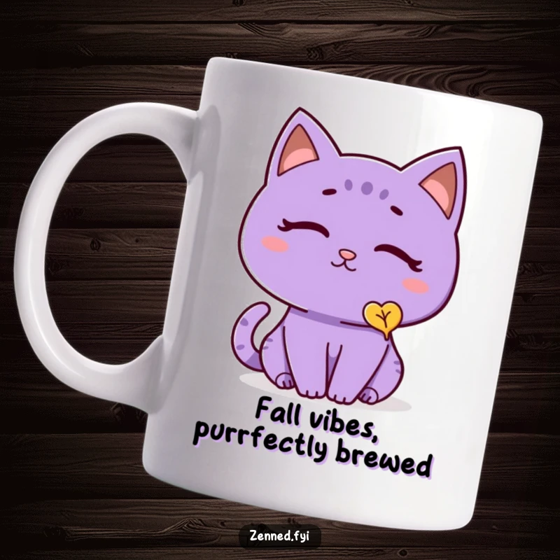 Funny cat mug showing a thoughtful purple cat with a peaceful expression, gazing at a single, gently falling leaf, conveying calm contemplation.