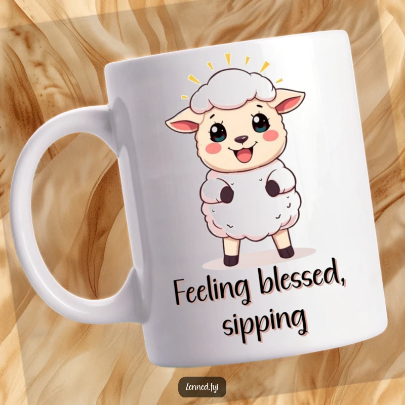 Funny mug featuring a joyful sheep character with a radiating halo, symbolizing peace, happiness, and angelic humor.