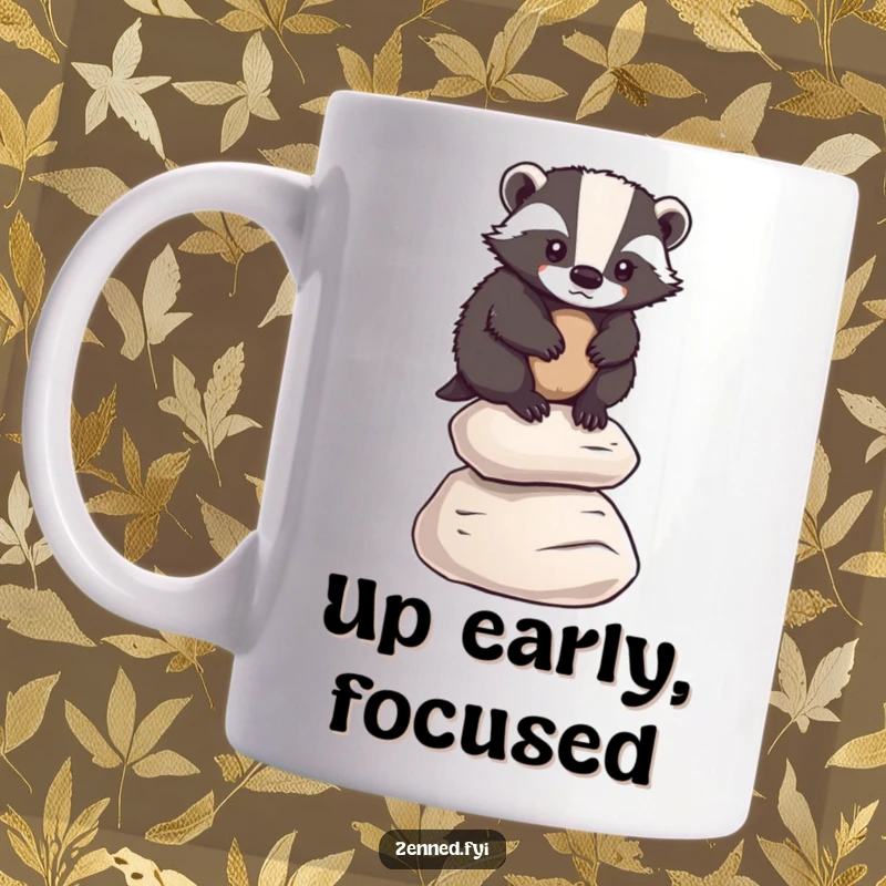 Funny determined badger balancing expertly on a stack of smooth pebbles, showcasing focus and humor, ideal gift.