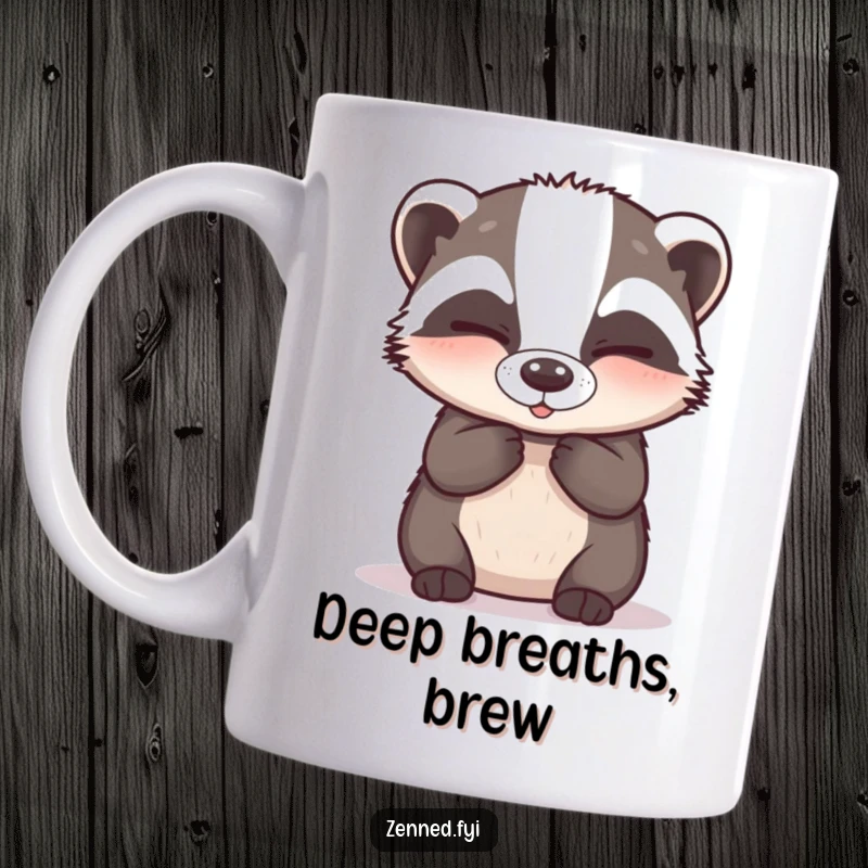 Funny Mug: A happy badger breathing deeply with closed, calm eyes, exuding hilarious tranquility.