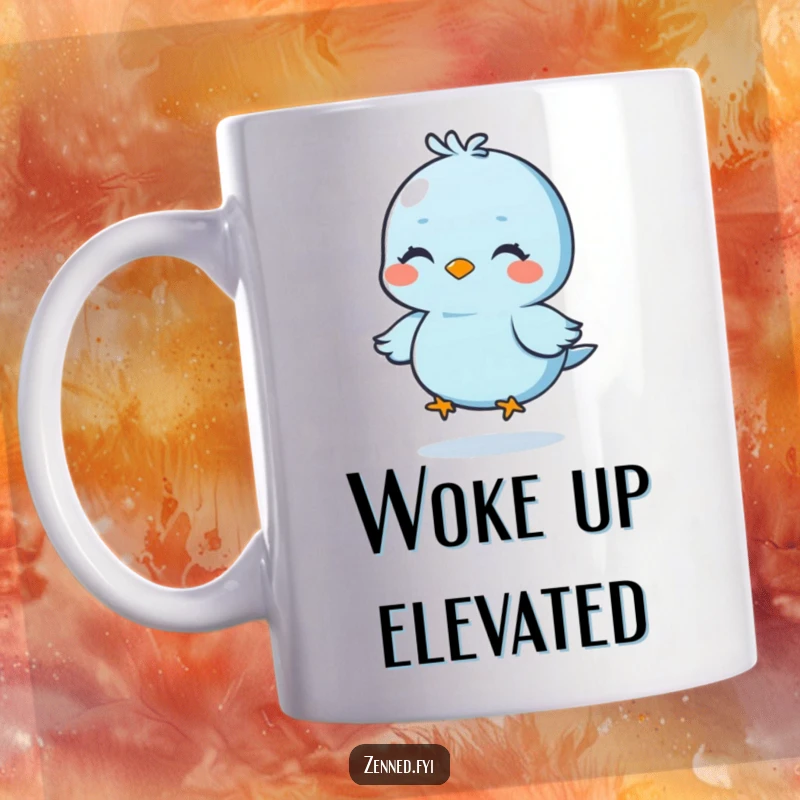 Funny blue bird meditating cheerfully while floating, serene character, perfect for a calming funny gift.