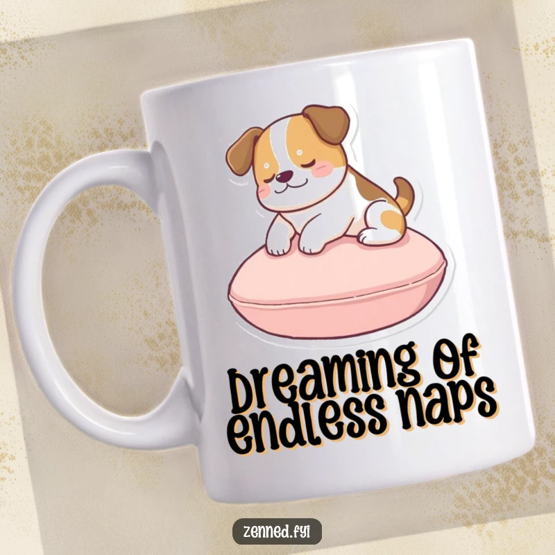 Funny dog cushion mug featuring a peaceful dog gently floating above a soft, circular cushion in blissful repose.