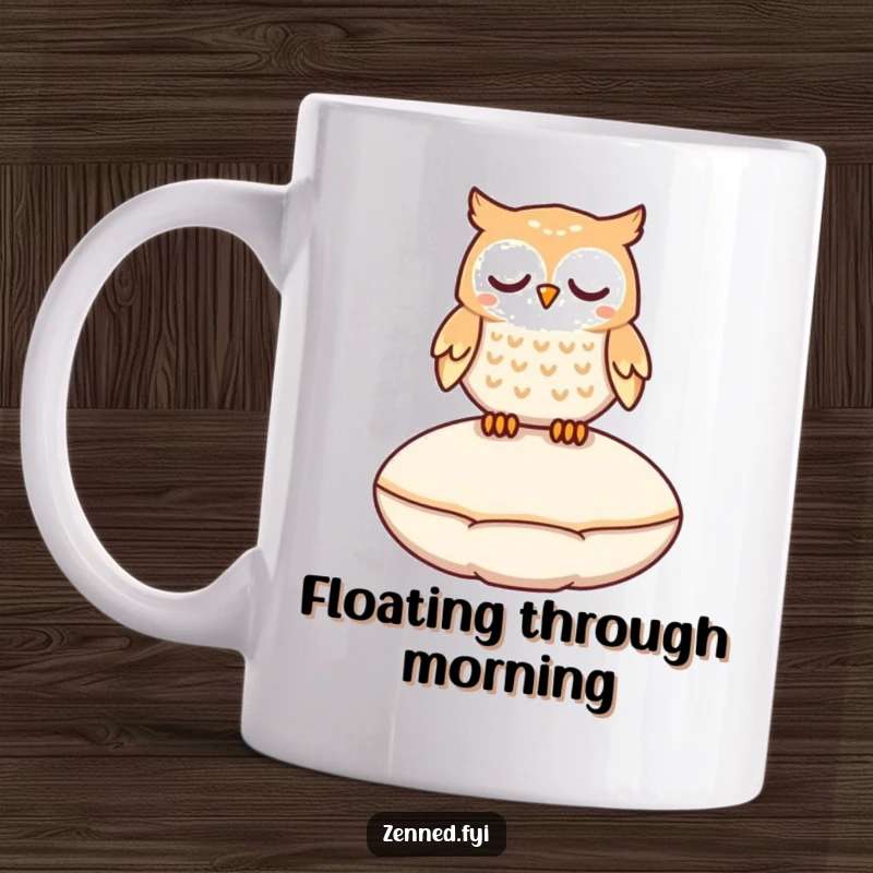Funny, peaceful owl character gently floating above a cushion on a whimsical mug, evoking a sense of magic.