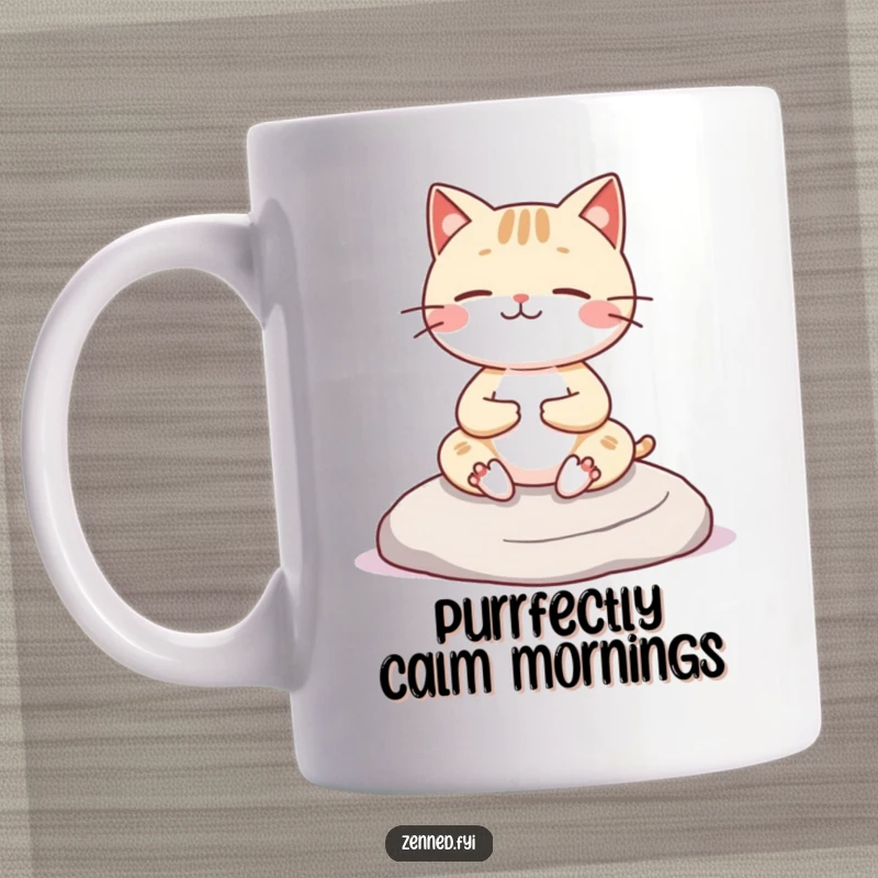 Funny Kawaii cat mug featuring a cheerful character meditating peacefully on a rock, radiating zen and humor, a perfect gift.