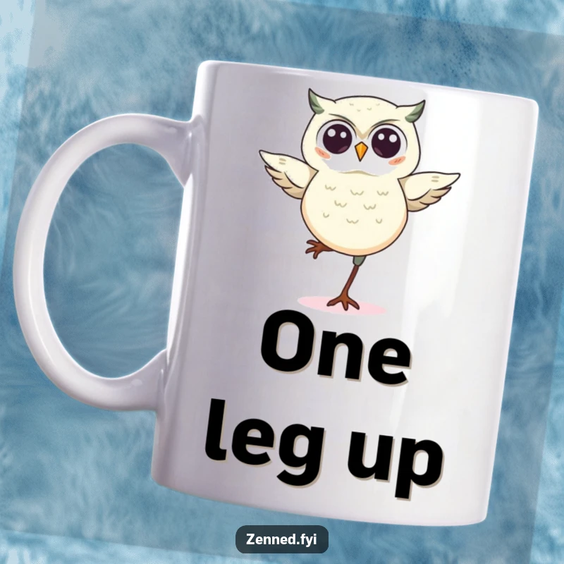 Funny kawaii owl perched precariously on one leg, looking cute and balanced, perfect for a funny gift for bird lovers.