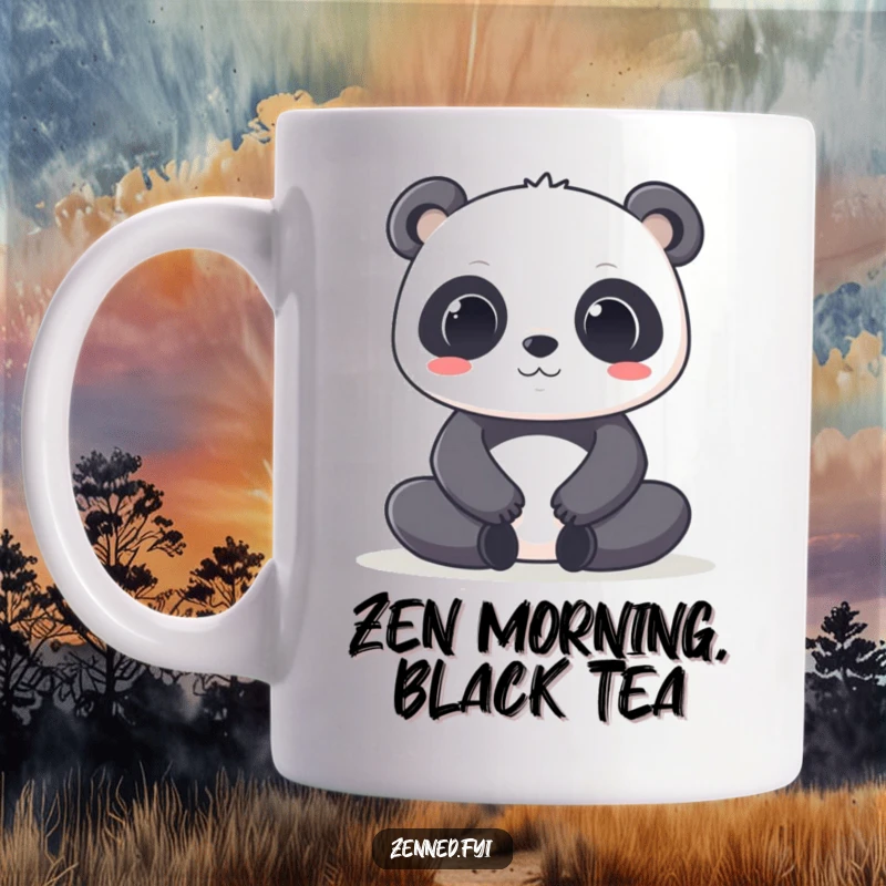 Funny Kawaii Panda Mug: A focused panda character meditating in a deep lotus pose, radiating zen and calm.