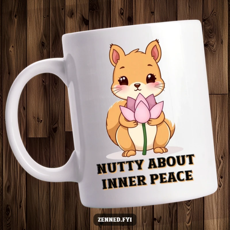 Funny mug with a kawaii squirrel holding a single, serene lotus flower, embodying peacefulness and humor as a gift.