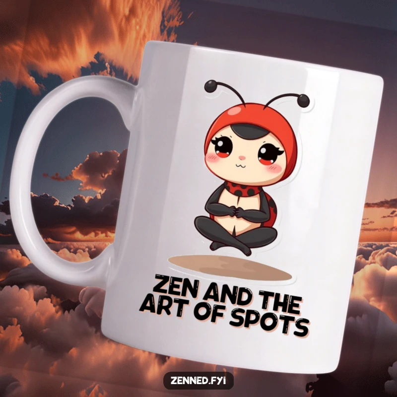 Funny ladybug mug featuring a determined red ladybug in a peaceful, cross-legged yoga pose, radiating serenity and humor.